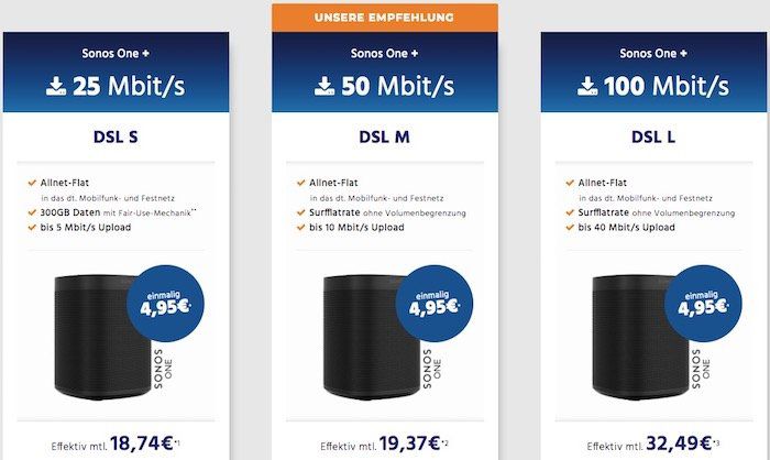 o2 DSL Angebote   z.B. DSL M mit 50 Mbit/s für 19,37€ mtl. + Sonos One für 4,95€ + Kombi Vorteil möglich (bis zu 10€ Rabatt mtl.)