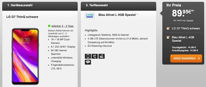o2 Allnet Flat mit 4GB LTE für 14,99€ mtl. + LG G7 ThinQ für 89,95€