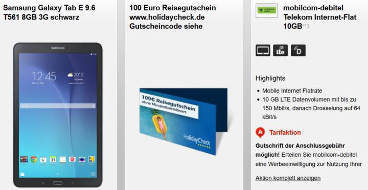 Samsung Galaxy Tab E 9.6 + 4GB oder 10GB Telekom Datenflat + 100€ Urlaubsgutschein ab 9,99€ mtl.