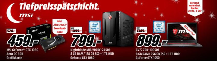 Media Markt MSI Tiefpreisspätschicht: z.B. MSI GV72 Gaming Notebook 17.3 Core i7  für 899€ (statt 1.154€)