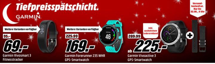 Media Markt Garmin Tiefpreisspätschicht: günstige Smartuhren & Tracker z. B. GARMIN Forerunner 235 WHR für 169€ (statt 204€)