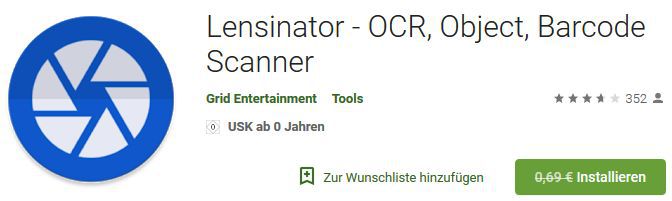 Lensinator   OCR, Object, Barcode Scanner (Android) gratis statt 0,69€