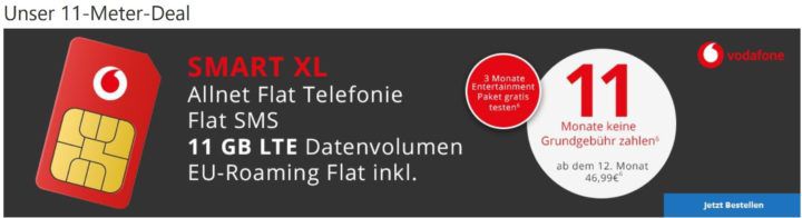 SIM only: Vodafone AllNET + SMS Flat +11 GB LTE (max. 500 MBit/s) für eff. 25,46€ mtl.