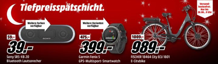 Media Markt Tiefpreisspätschicht: günstige Wearables & Smartphones, E Bikes, ActionCams & Navis, Lautsprecher & Kopfhörer