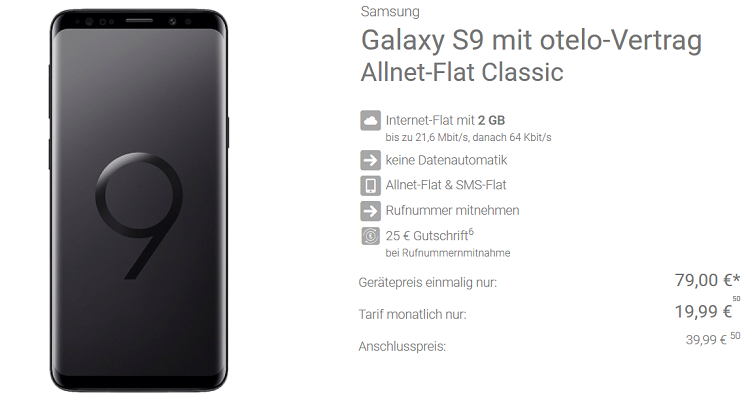 Samsung Galaxy S9 für 79€ + otelo Allnet u. SMS Flat im Vodafone Netz mit 2GB für 19,99€ mtl.