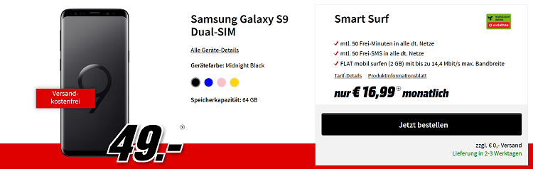 Knaller! Samsung Galaxy S9 für 49€ + Vodafone Smart Surf Flat mit 2GB + 50 Freimin/SMS 16,99€ mtl.