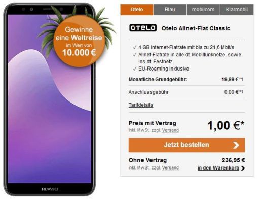 Huawei Y7 (2018) + Vodafone AllNet + 4 GB Daten Flat für 19,99€ mtl.