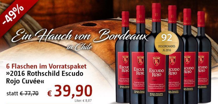 6 Flaschen Rotwein Cuvée 2016er Rothschild Escudo Rojo für 39,90€