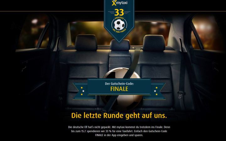 Gratis: MyTaxi WM Gutschein: 33% Rabatt auf eine Taxifahrt bis Sonntag