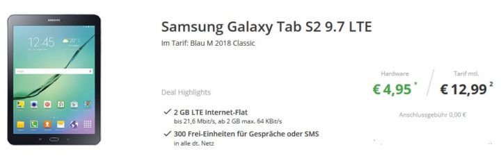 Knaller! Samsung Galaxy Tab S2 für 4,95€ + 80€ Cashback + Vodafone 300 Min. mit 2GB für 12,99€ mtl.