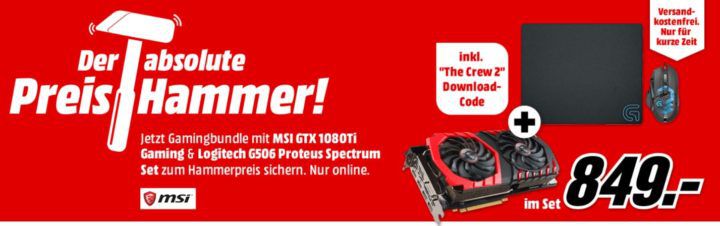 MSI GTX1080Ti Grafikkarte + Logitech Proteus Core G502 Maus + Mauspad + Game The Crew2 für 849€ (statt 992€)