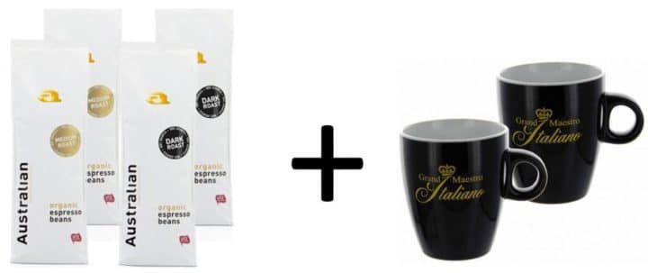 Probierpaket Australian Roast Kaffeebohnen (4 x 750 g) + 2 Tassen für 51,54€