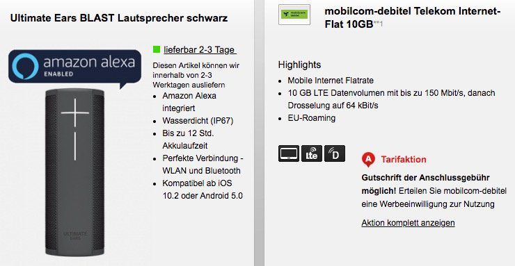 Telekom 10GB LTE Datentarif für 15,99€ mtl. + UE Blast Lautsprecher für 29€