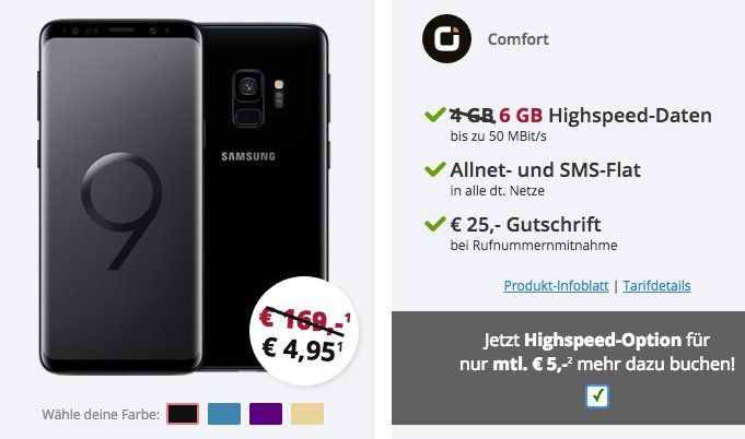 Samsung Galaxy S9 für 4,95€ + Vodafone Flat von Otelo mit 6GB LTE für 29,99€ mtl.