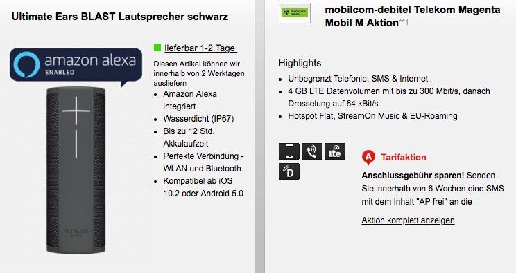 Telekom Magenta Mobil M  4GB LTE (junge Leute 6GB) + StreamOn Music 25,95€ mtl. + UE Blast Lautsprecher für 1€