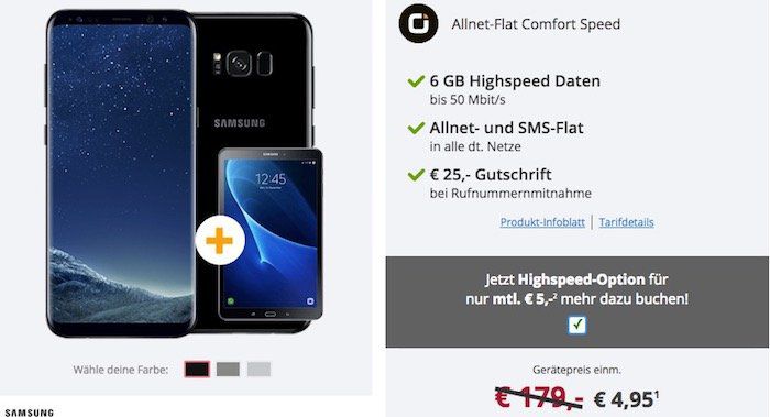 Samsung Galaxy S8 Plus für 4,95€ + gratis Samsung Galaxy Tab A 10.1 + Vodafone Flat mit 6GB Highspeed von Otelo für 29,99€ mtl.