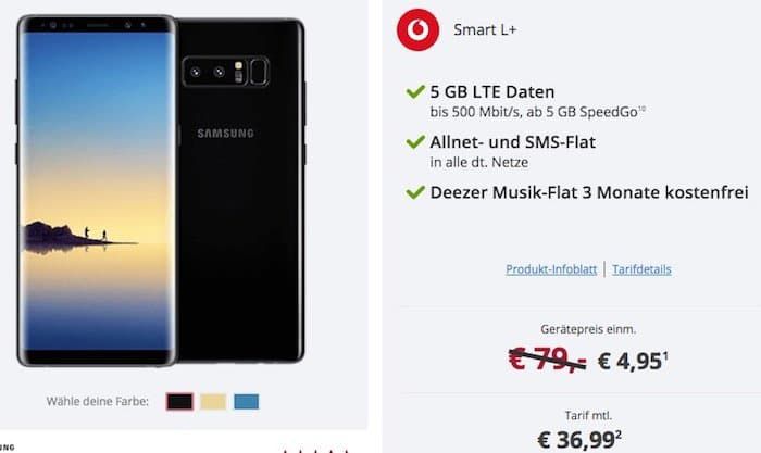 Samsung Galaxy Note 8 für 4,95€ + Vodafone Smart L+ mit 5GB LTE für 36,99€ mtl.