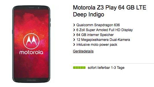 Motorola Z3 Play für 9,99€ + Vodafone Allnet Flat mit 8GB für 29,99€ mtl.