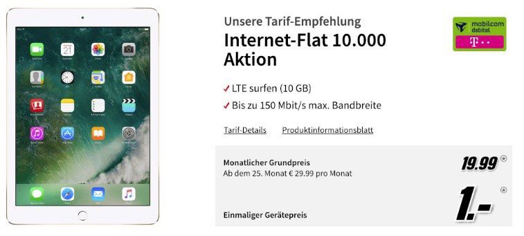 iPad 2017 mit 128GB LTE für 1€ + Telekom 10GB LTE Datenflat für 19,99€ mtl.