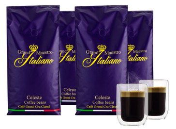 Wieder da: 4kg Grand Maestro Italiano Celeste Kaffeebohnen + 2 doppelwandige Gläser für 29,99€ (statt 56€)