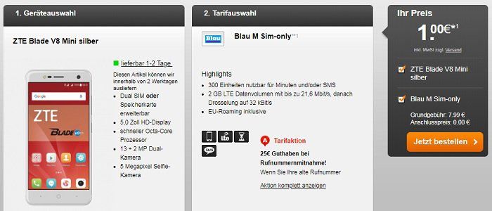 ZTE Blade V8 Mini für 1€ + Blau M mit 300 Freiminuten & 2 GB LTE Volumen für 7,99 mtl.