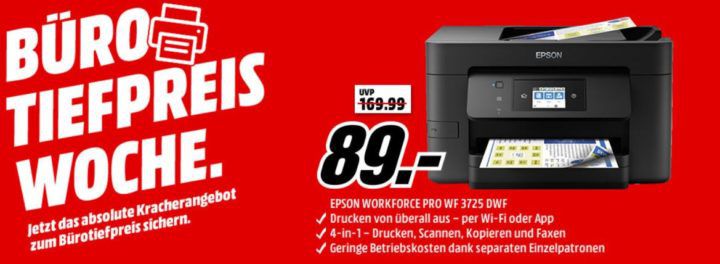 Media Markt Büro Tiefpreis Woche: heute z.B. EPSON WorkForce Pro WF 3725DWF Tintenstrahler 4 1 für 89€ (statt 141€)