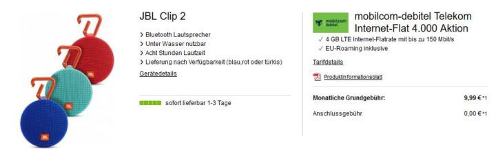 mobilcom debitel Telekom 4 GB LTE (max  150MBit/s) für  9,99€ mtl. + JBL Clip2 Bluetooth Lautsprecher für 4,95€ (statt 30€)