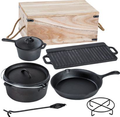 Dutch Oven   7 teiliges Kochtopf Set aus Gusseisen in Holzkiste für 56,99€ (statt 72€)   nur eBay Plus