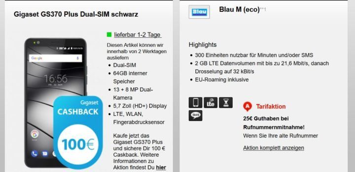 Gigaset GS370 plus Smartphone + 100€ Cashback + O2: 300 Min. + 2GB LTE für 12,99€ mtl.