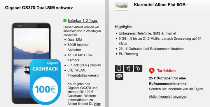 Gigaset GS370 für 1€ + Vodafone AllNet & SMS Flat + 6GB für 17,99€ mtl. +140€ Cashback