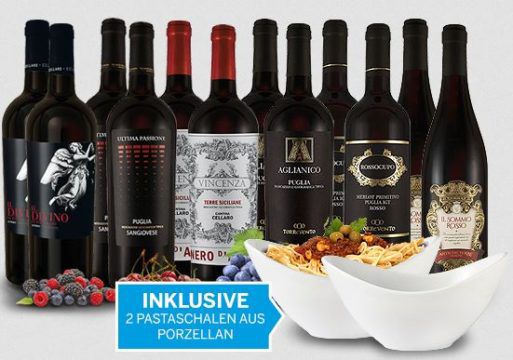 Promo: 12 Flaschen italienischer Top Rotwein + 2 gratis Pastaschalen für 74,94€