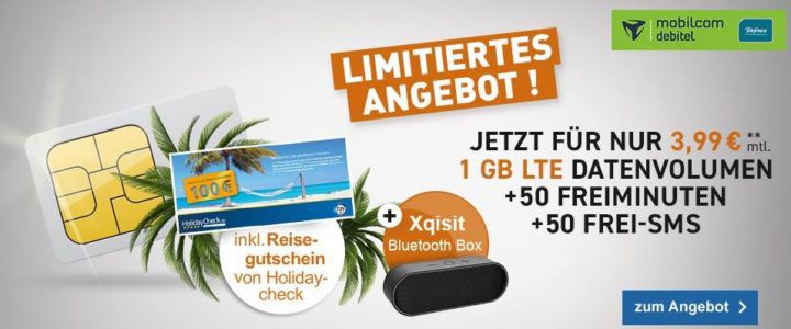 o2 Smart Surf Tarif mit 50 Min/SMS + 1GB für 3,99€ mtl. + 100€ HolidayCheck Gutschein + Xqisit xqS10 Lautsprecher für 9,99€