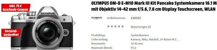 Media Markt Foto Late Night: z.B. OLYMPUS OM D E M10 Mark III für eff. 561€ (statt 694€)