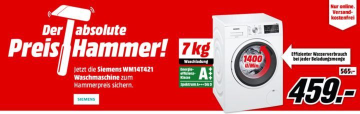 SIEMENS WM14T421 Waschmaschine (7 kg, 1400U/min) für 459€ (statt 500€)