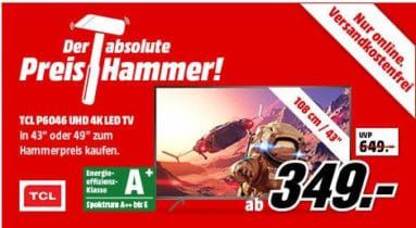 TCL U43P6046   43 Zoll UHD 4K smart TV für 349€ oder 49 Zoll für 399€