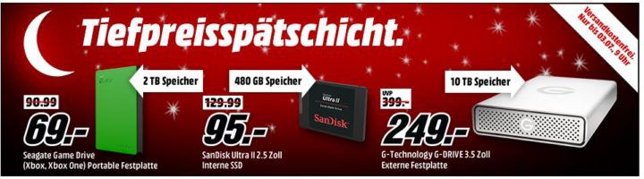 Media Markt Speicher Tiefpreisspätschicht günstige SSDs & Co. z.B. WD 500 GB ext. HDD für 29€ (statt 49€)