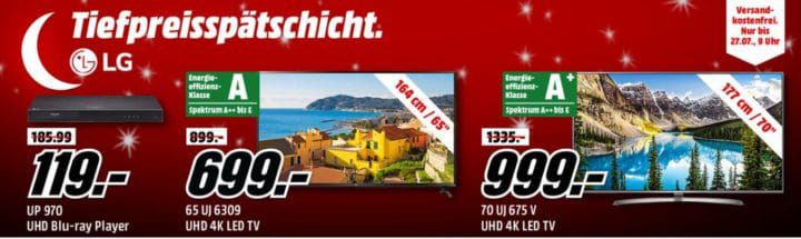 Media Markt LG Tiefpreisspätschicht   günstige TVs z.B. LG UP970 UHD Blu ray Player für 119€ (statt 159€)