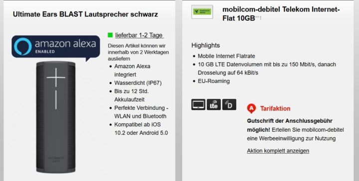Telekom: 10 GB LTE (max. 150MBit/s) für 15,99€ mtl. + Ultimate Ears BLAST Lautsprecher für 29€ (statt 107€)