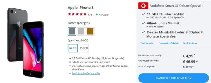 iPhone 8 64 GB für 4,95€ + Vodafone AllNet & SMS Flat + 11 GB LTE für 46,99€ mtl.