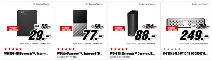 Media Markt Speicher Tiefpreisspätschicht günstige SSDs & Co. z.B. WD 500 GB ext. HDD für 29€ (statt 49€)