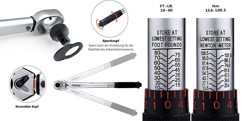 TACKLIFE HTW1A   Drehmomentschlüssel Set (13.6 108.5Nm, 37.5cm) für 19,99€ (statt 30€)