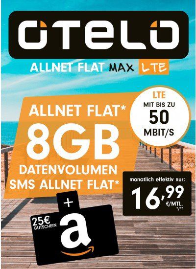 Vodafone Allnet Flat von Otelo mit 8GB LTE für eff. 16,99€ mtl. + 25€ Amazon Gutschein