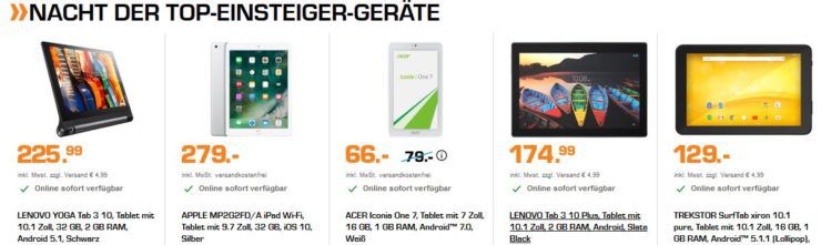 Saturn late night Tablet shopping: z.B. ACER Iconia One 7 für 66€