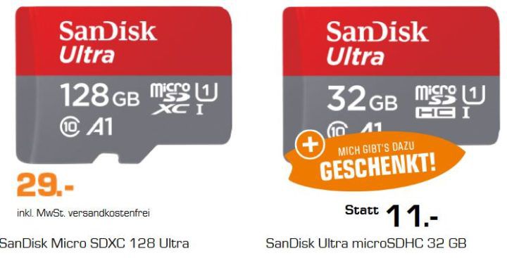 Sandisk Ultra A1 microSD Karte 128GB + 32GB für nur 29€ (statt 46€)