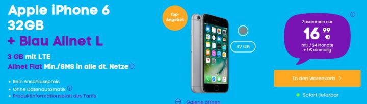 iPhone 6 + Blau AllNet & SMS Flat + 3GB LTE für 16,99€ mtl.