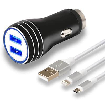 USB Kfz Ladegerät mit 2 Ports (24W 5V / 4.8A) + 2 in 1 Kabel Kombi für 5,49€   Prime