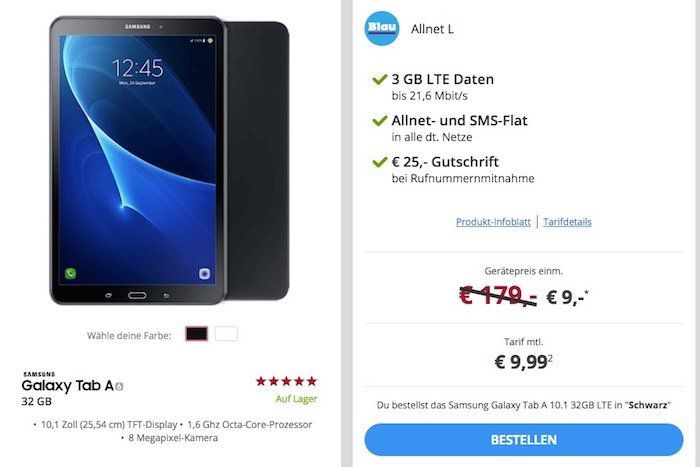 Samsung Galaxy Tab A 10.1 32GB LTE für 9€ + o2 Allnet Flat mit 3GB LTE für 9,99€ mtl.