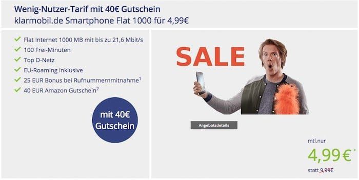 Kleiner Vodafone Tarif mit 100 Min. + 1GB für 4,99€ mtl. + 40€ Amazon Gutschein