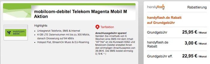 Telekom Magenta Mobil M mit 4GB LTE + StreamOn Music für 22,95€ mtl.