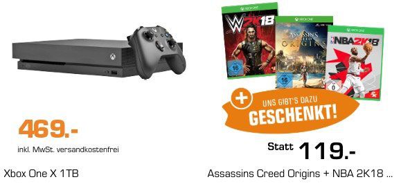 Xbox One X + Assassins Creed Origins + NBA 2k18 + WWE 2k18 für 469€ (statt 510€)